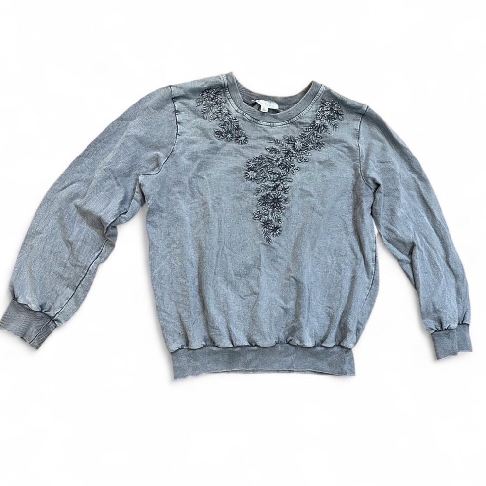 Solitaire 100% Cotton Faded Grey Floral Embroidered Crewneck Sweater size Large - Picture 1 of 7